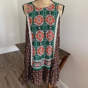 Umgee Tank Top Dress Brown Green Orange Size Medium